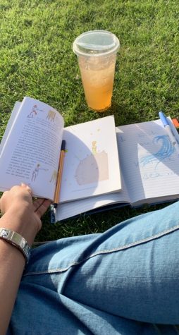 Pavas Gupta reading a book and drinking tea on the UA mall.