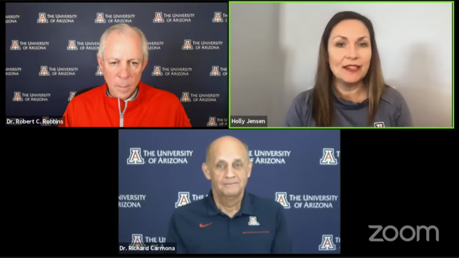Screenshot of the University of Arizonas campus reentry task force, who discussed Pima countys increasing cases and the decreasing Rt measure at the Nov. 16 press conference. 