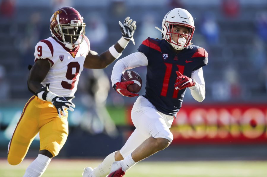 Arizona wide receiver Tayvian Cunningham runs towards the end zone after making a big catch against USC on Saturday, Nov. 14, 2020 in Tucson, Arizona.