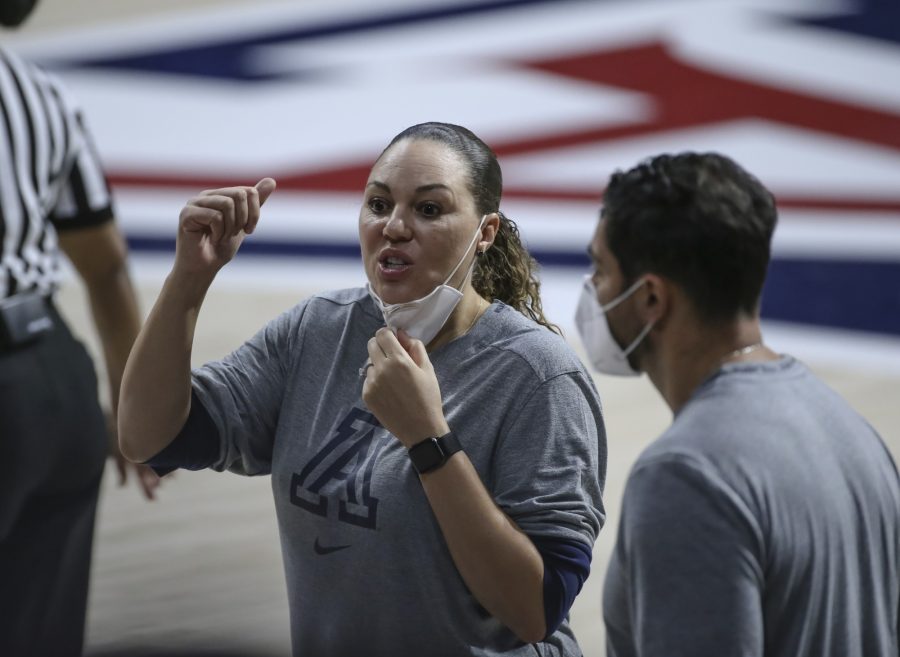 Head coach Adia Barnes calls towards the Wildcats bench to make a substitution in the McKale Center in Tucson, Arizona on Sunday, Dec. 6, 2020. (Courtesy of Mike Christy/Arizona Athletics) 
