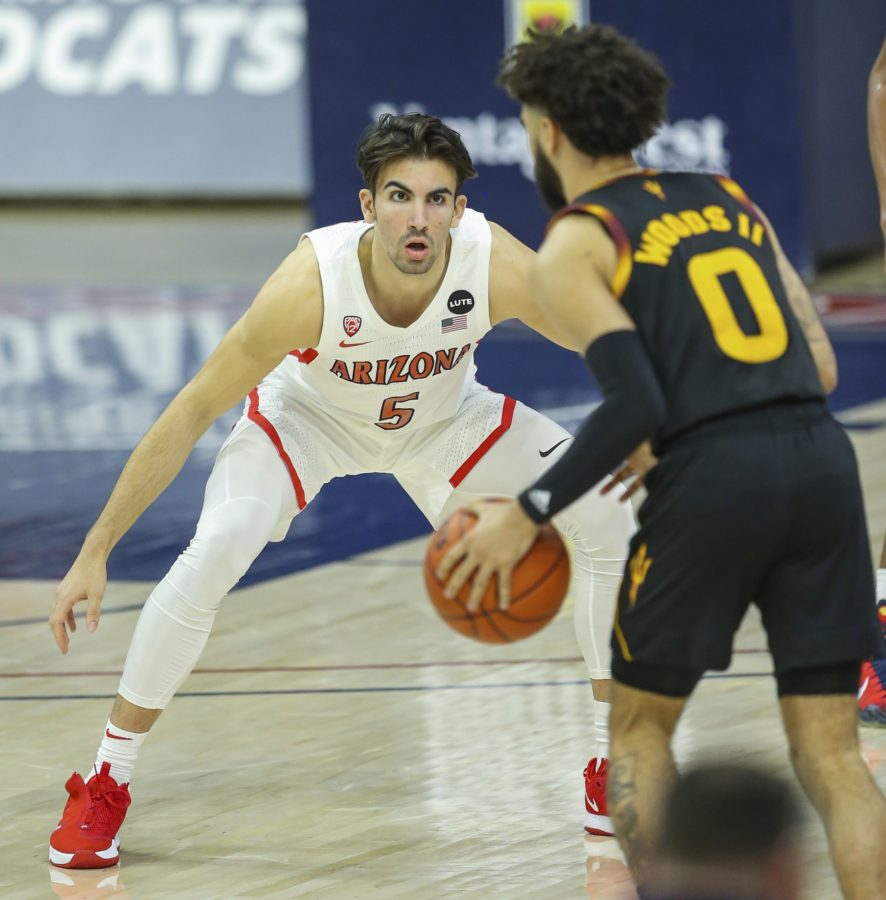 Arizona+forward+Tibet+Gorener+stands+and+plays+defense+in+front+of+ASUs+Holland+Woods+on+Monday%2C+Jan.+25%2C+2021+in+McKale+Center+in+Tucson%2C+Ariz.+The+Wildcats+went+on+to+win+the+game+80-67.+%28Courtesy+of+Mike+Christy%2FArizona+Athletics%29%26nbsp%3B