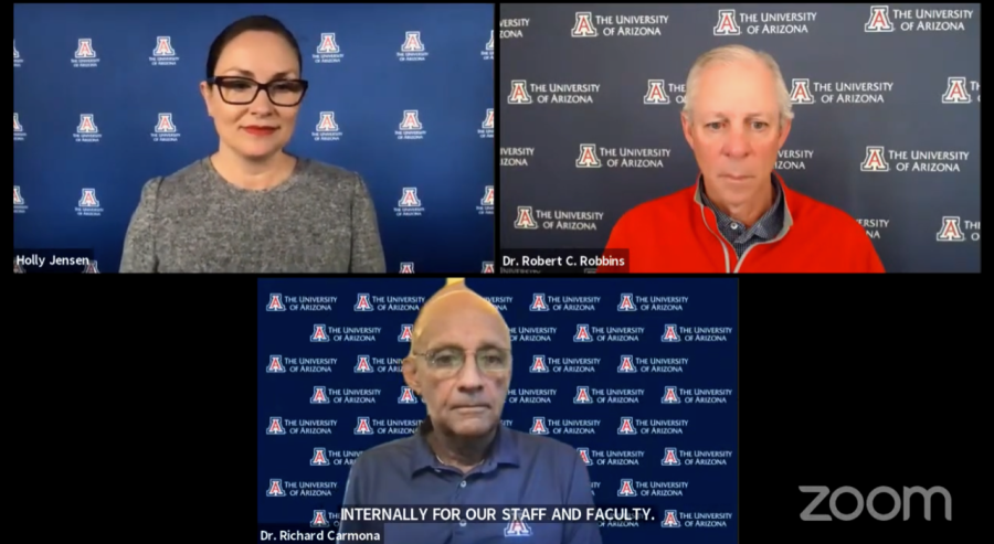 Screenshot of the University of Arizonas reentry task force, who discussed vaccine distribution plans and rising COVID-19 cases in the Jan. 11 press conference. 