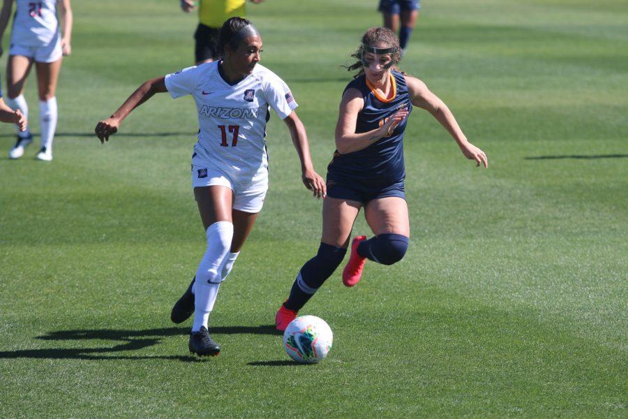Mariah Dunn (17) fights for the ball during a match against UTEP on Sunday, Feb. 7 at Mulcahy Soccer Stadium.