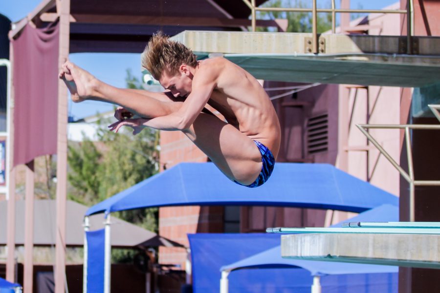 Bjorn Markentin performs a dive on Friday, Feb. 26. The men’s diving team competed during day three of the Pac-12 Diving Championships at Hillenbrand Aquatic Center. 