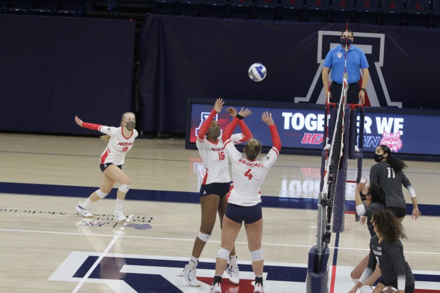 The Arizona women’s volleyball team rejoices after winning a point during a game on Sunday, Mar. 14. The Wildcats were victorious over the Colorado Buffalos by winning 3 out of 4 games. 