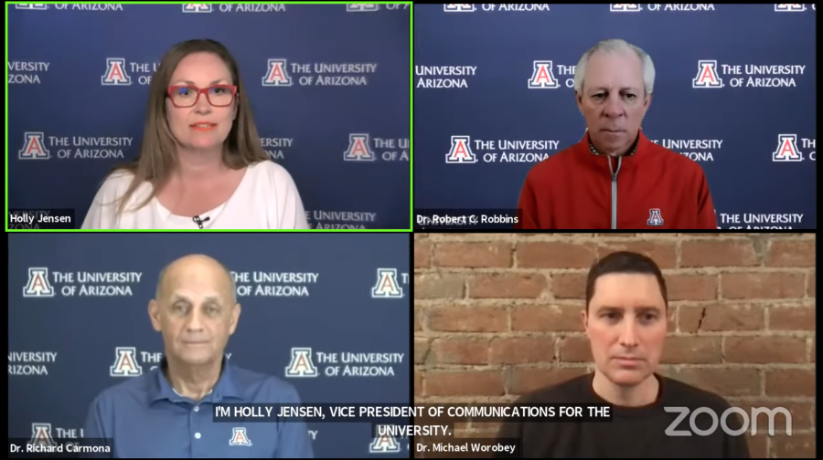 Screenshot of the University of Arizonas virtual university status update team, who discussed Gov. Doug Duceys recent executive order and Phase 3.