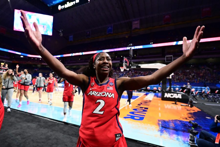 SAN+ANTONIO%2C+TX+-+APRIL+2%3A+Aari+McDonald+%232+of+the+Arizona+Wildcats+celebrate+their+win+over+the+Connecticut+Huskies+in+the+semifinals+of+the+NCAA+Women%26%238217%3Bs+Basketball+Tournament+at+Alamodome+on+April+2%2C+2021+in+San+Antonio%2C+Texas.+%28NCAA+Photo+by+Ben+Solomon%29