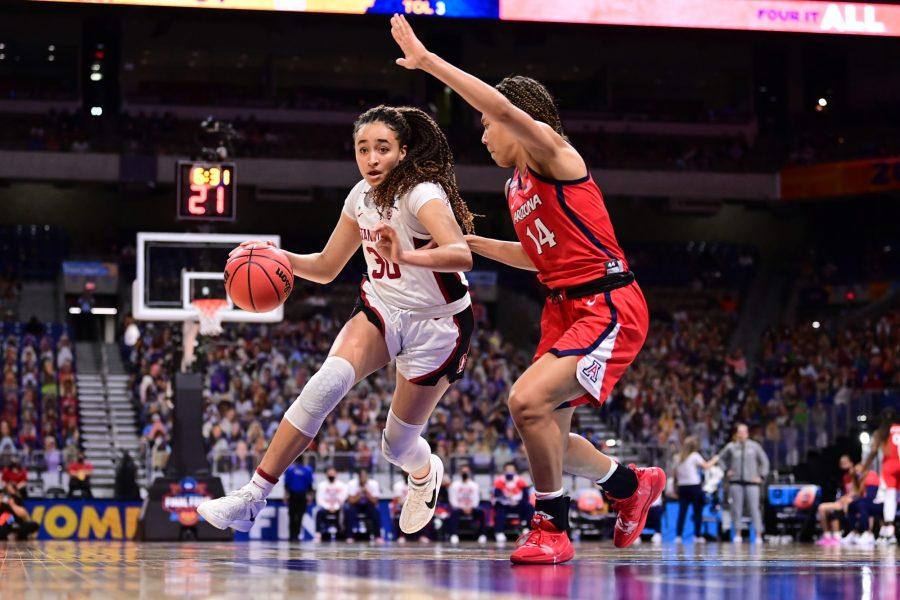SAN ANTONIO, TX - APRIL 4: Haley Jones #30 of the Stanford Cardinal drives to the basket against Sam Thomas #14 of the Arizona Wildcats during the championship game of the NCAA Women’s Basketball Tournament at Alamodome on April 4, 2021 in San Antonio, Texas. (Photo by Ben Solomon/NCAA Photos)