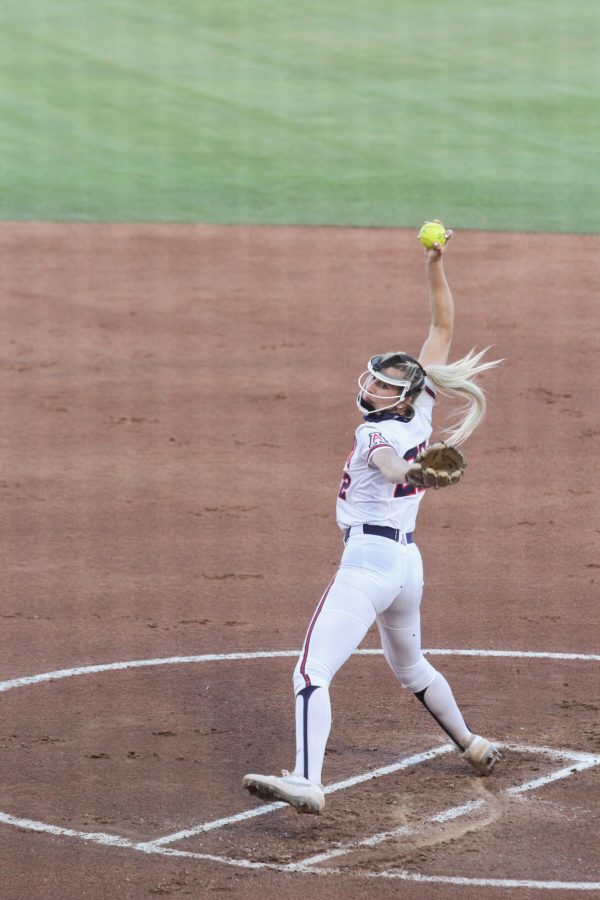 Alyssa Denham pitches during the softball game on Friday, April 9 in Tucson, Ariz. The Wildcats won 11-5.