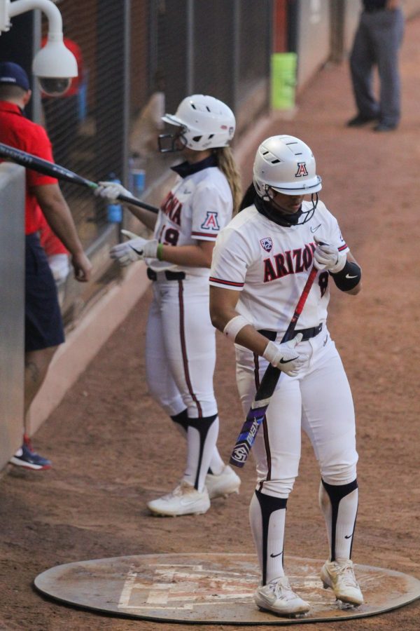 Dejah Mulipola, 8, prepares to approach home plate. The Wildcats competed against New Mexico State and won 11-5 in Tucson, Ariz. on Friday, April 9.