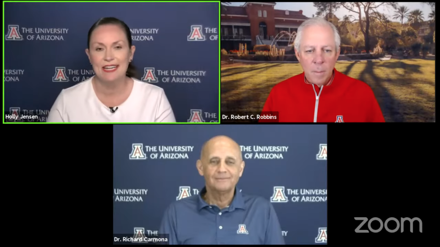 The virtual university status update team urged the UA community to continue to Mask Up and Bear Down during the Monday, April 19 press conference.