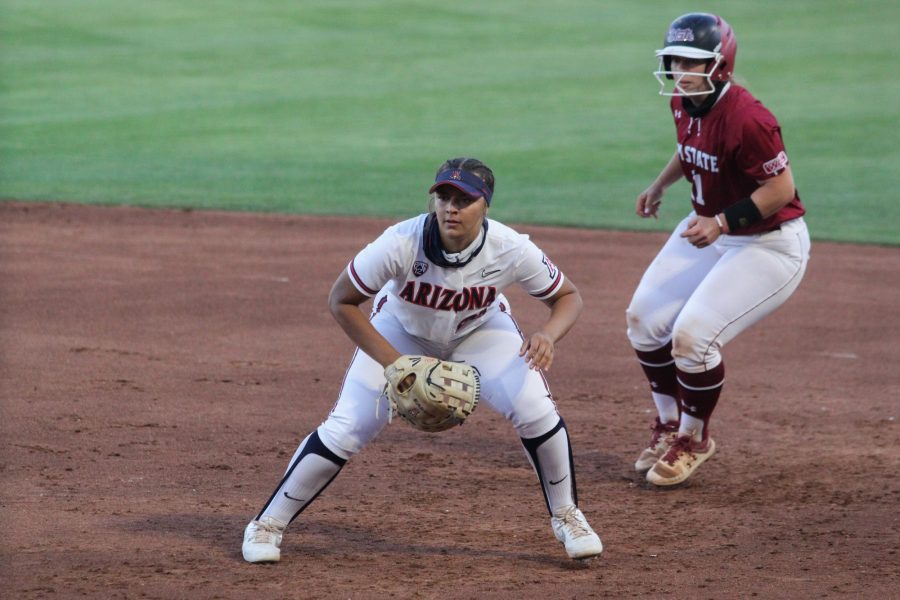 Carlie Scupin guards first base in the game against New Mexico State. The Wildcats won 11-5 in Tucson, Ariz. on Friday, April 9.