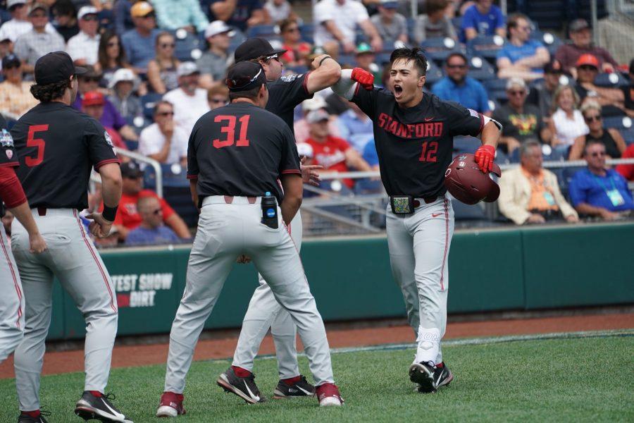 Stanford baseball team celebrates its win over the Arizona Wildcats at TD Ameritrade Park on June 21, 2021, in Omaha, Nebraska. (Courtesy photo by NCAA Photos)