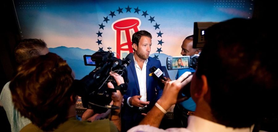 Barstool Sports founder Dave Portnoy speaks to reporters after announcing the companys sponsorship of the Arizona Bowl in the UAs Stevie Eller Dance Theatre. Courtesy Eric Rhodes, VP of Comms. for the Arizona Bowl