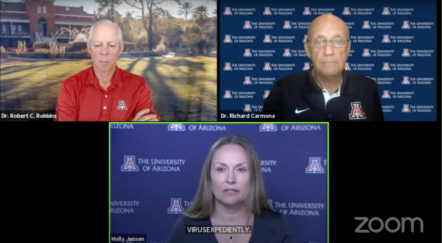 UA President Dr. Robert C. Robbins, Dr. Richard Carmona and Holly Jensen sign in on Zoom at the beginning of the university status update briefing.