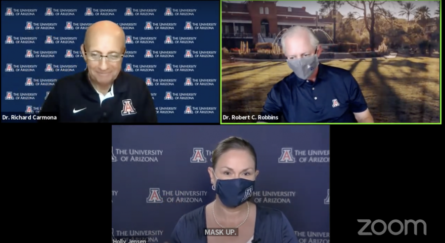 UA President Dr. Robert C. Robbins, task force director Dr. Richard Carmona and Vice President of Communications Holly Jensen discuss the rise in cases of the COVID-19 Delta variant during the Aug. 9, Virtual University Status Update briefing.