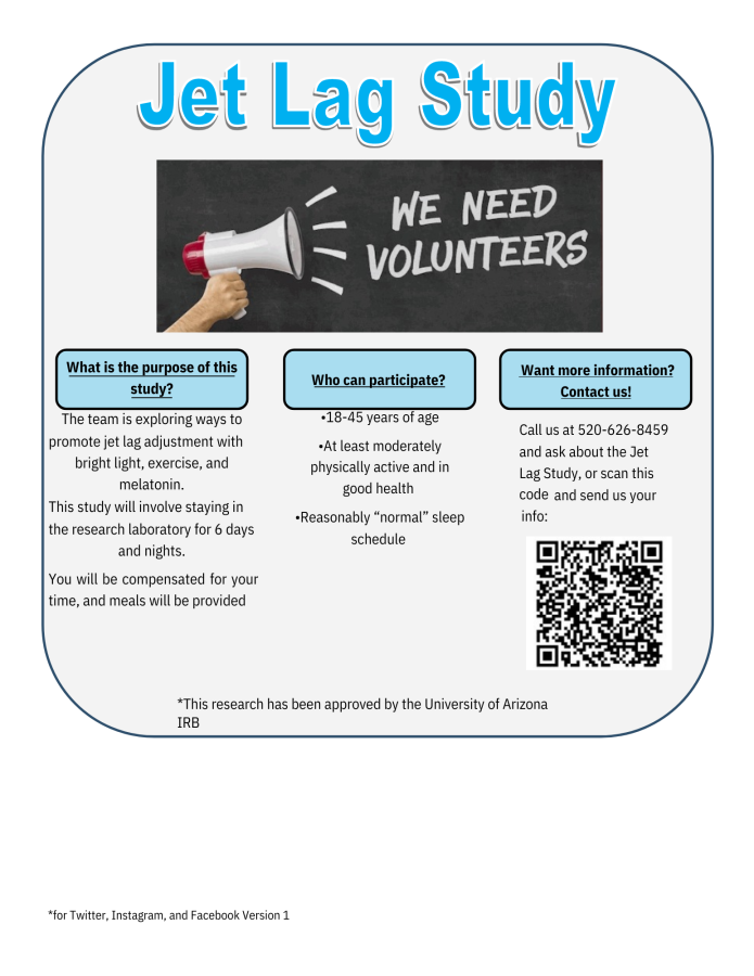 A flyer calling for individuals to participate in the jet lag study.