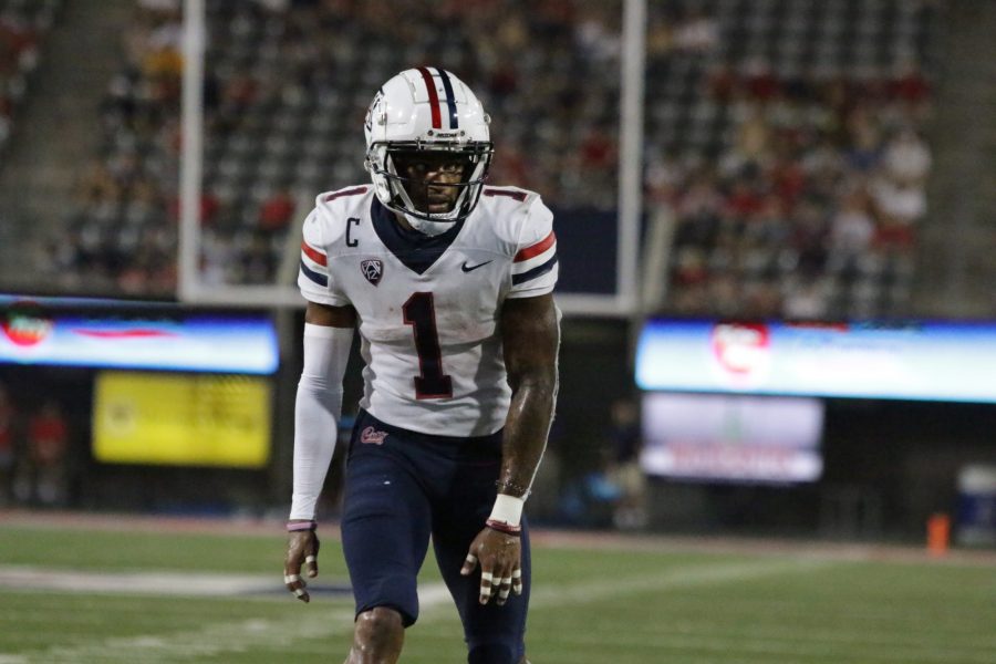 Arizona wide receiver, Stanley Berryhill III, lines up wide prior to the play in Arizona Stadium on Sept. 18. Berryhill led the game in receiving with 94 yards in Saturdays loss to NAU.