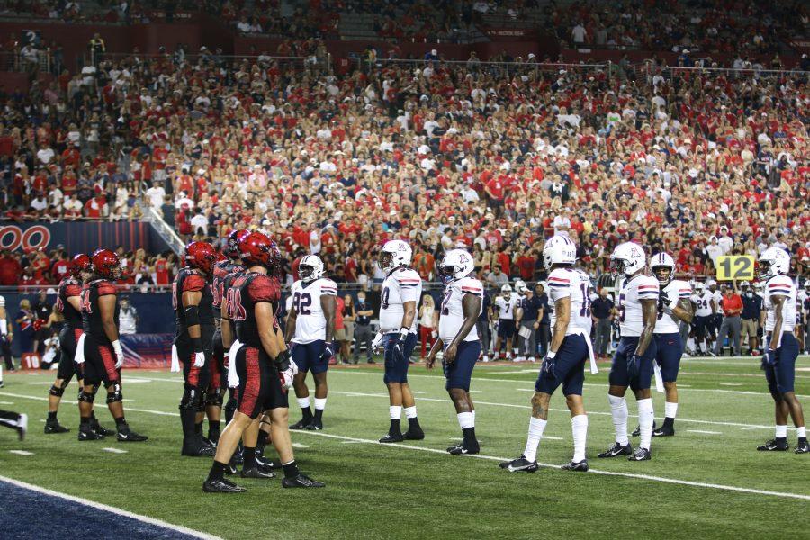 The Arizona football teams defense lines up against San Diego State during the Wildcats home opener game on Sept. 11. The Wildcats defense gave up 271 rushing yards against the Aztecs in Saturdays loss. 