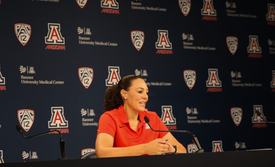 Womens basketball Head Coach, Adia Barnes speaks to the media for the first time of the 2021 season at the McKale Center on Oct. 1.