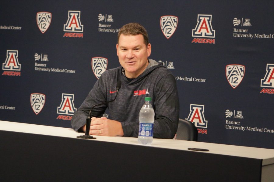 Tommy Lloyd, head coach of the Arizona mens basketball team, speaks at a press conference on Wednesday, Sept. 29, in McKale Center. The Wildcats will compete at the annual Red-Blue game on Saturday, Oct. 2. 