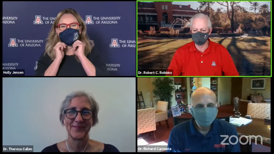 Screenshot taken on Monday, Sept. 27, of the virtual university status update team with special guest Dr. Theresa Cullen. The team announced that booster shots for COVID-19 are now available through the university.