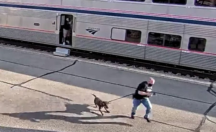 A screenshot from security camera footage of an officer with his K9 in an altercation with the suspects from the Oct. 4 Amtrak shooting. 