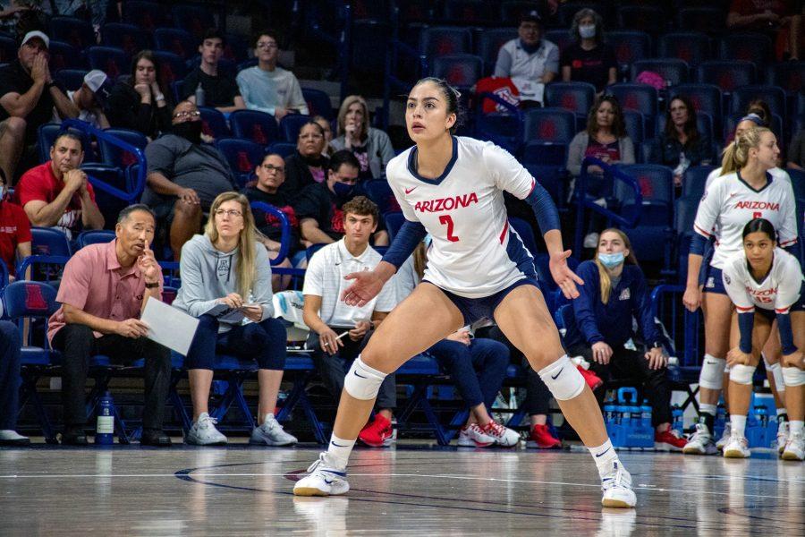 Sofia Maldonado Diaz (2) watches for the ball at the volleyball game against the University of Southern California on Oct. 17, in McKale Center. The Wildcats lost to USC with a score of 3-1.
