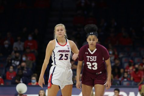 Cate Reese (25) guards an opponent during a game on Monday, Nov. 15 in McKale Center. The Arizona women's basketball team beat Texas Southern University 93-38.