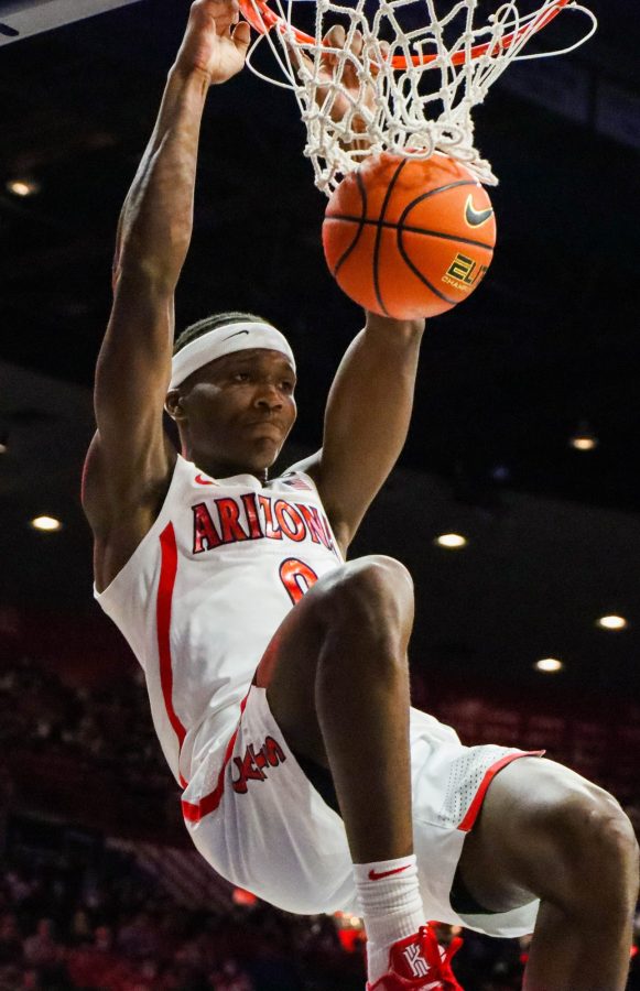 Bennedict+Mathurin%2C+a+sophomore+on+the+Arizona+mens+basketball+team%2C+takes+his+second+dunk+on+Nov.+9%2C+in+McKale+Center.+The+Wildcats+were+up+at+half+42-22+against+NAU.%26nbsp%3B