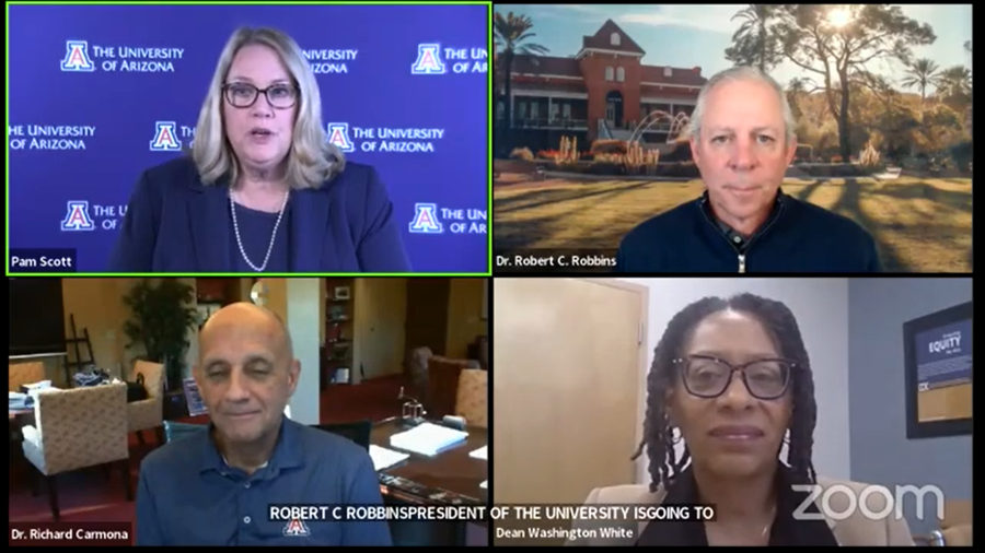 Screenshot taken on Monday, Nov. 15, of the virtual university status update team, with special guest Dean of Students Kendall Washington-White. The team discussed the new COVID-19 Omicron variant.