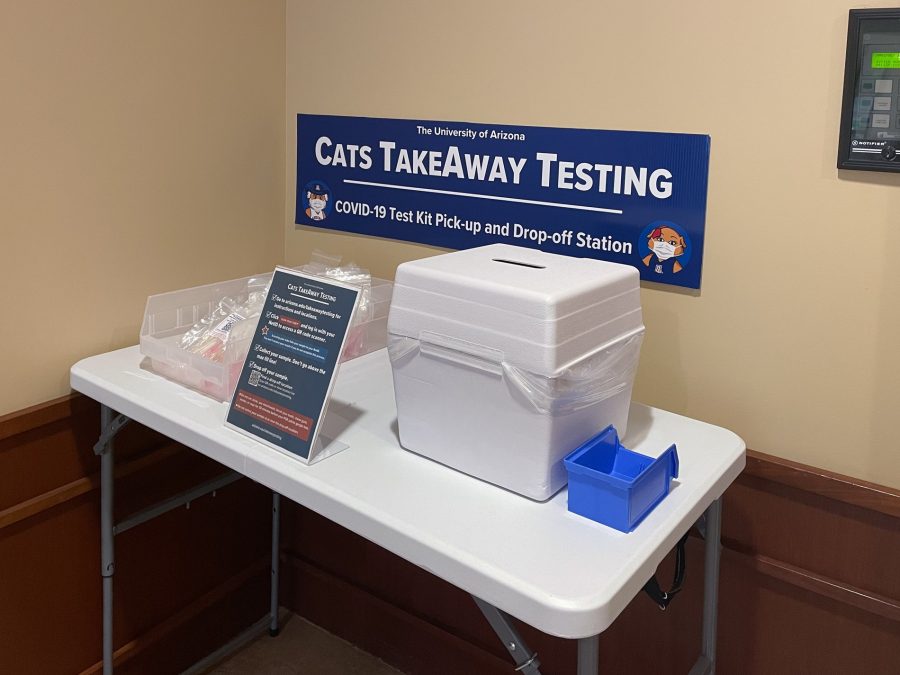 A Cats TakeAway Testing site sits in the lobby in the Marshall building on Nov. 22. Take-away testing serves as an easy means for busy students to get tested for Covid19 on their own time. 
