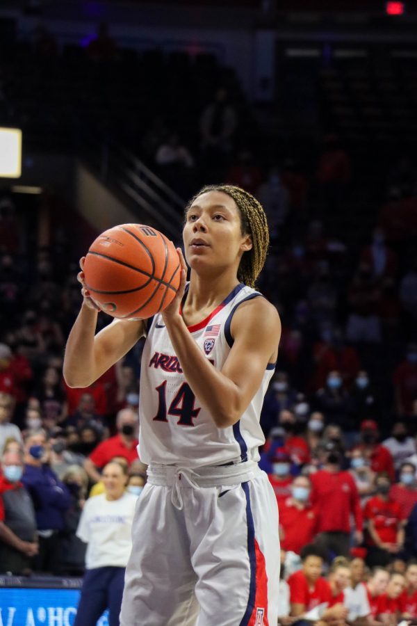 Sam Thomas, a forward on the Arizona womens basketball team, shoots free throws on Friday, Nov. 19, in McKale Center. The Wildcats lead at half 32-22.