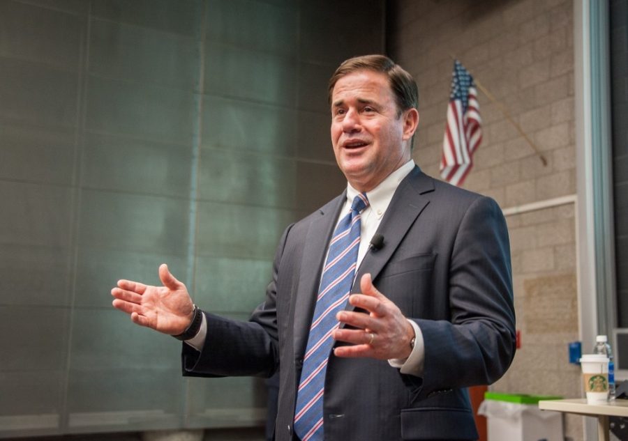 Arizona Gov. Doug Ducey speaking during a visit at the University of Arizonas Aerospace and Mechanical Engineering building on April 27, 2017.