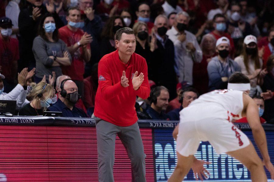 Arizona mens basketball Head Coach Tommy Lloyd claps after the team scored two points against University of Southern California on Saturday Feb. 5 at McKale Center. The wildcats won the game 63-72.