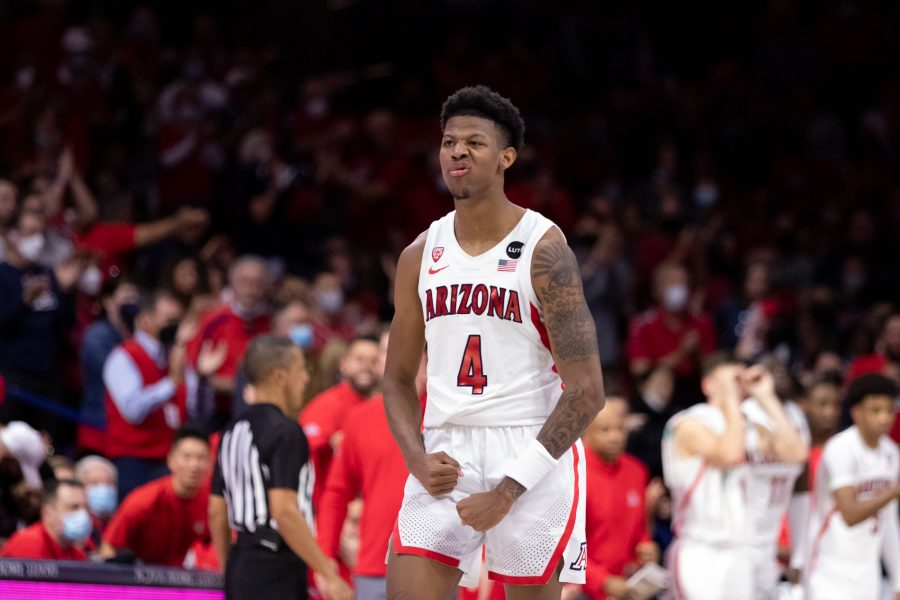 University+of+Arizonas+Dalen+Terry+celebrates+his+assist+on+Saturday+Feb.+5+at+McKale+Center.+Terry+finished+the+game+with+four+assists+and+nine+points+helping+the+Wildcats+win+72-63.