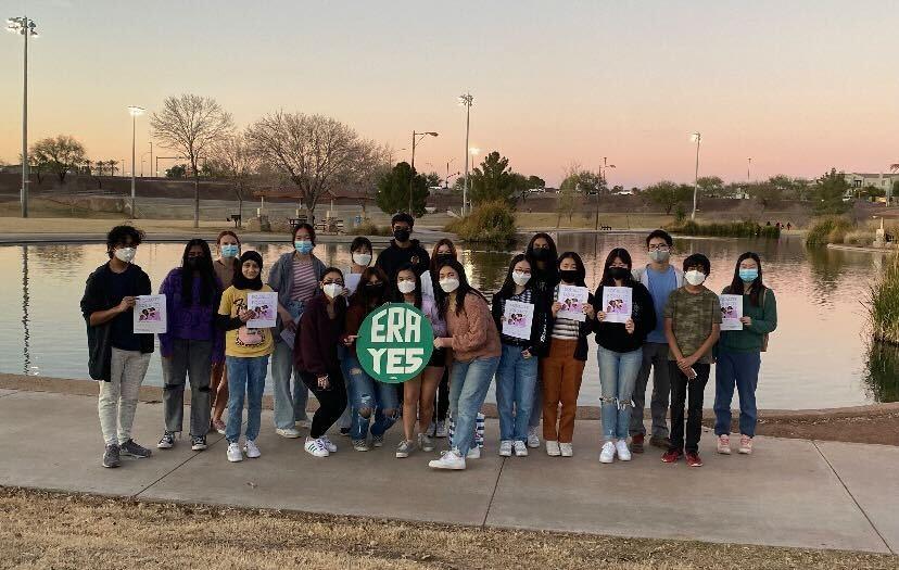 Students across Arizona participating in an Equal Rights Amendment  ribbon tying event to educate others about the ERA in Gilbert, 
Ariz. at Discovery Park on Jan. 26, 2022. (Courtesy of Tina Vo)