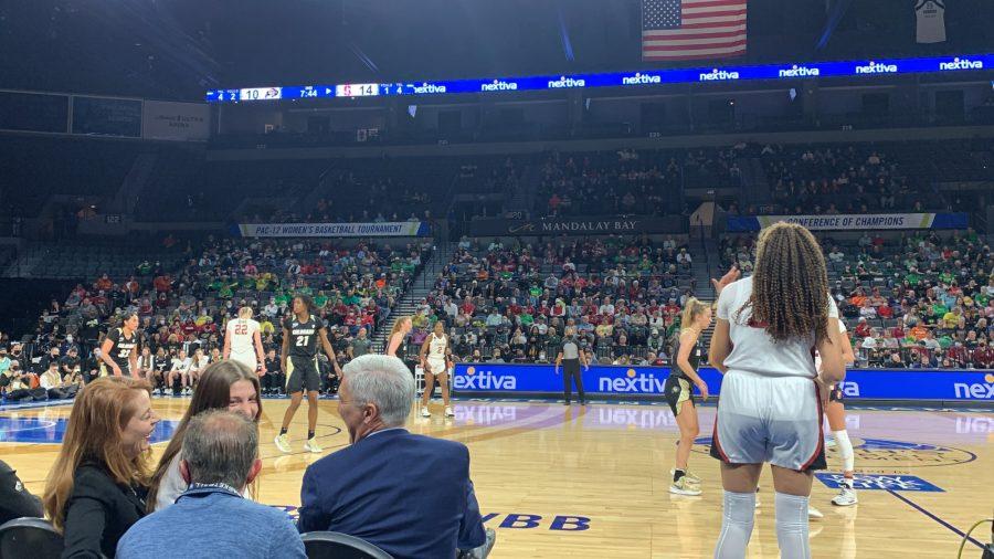 Stanfords Haley Jones prepares to pass the ball to a teammate during the semifinals matchup against Colorado in Las Vegas, Nevada. Stanford would go on to win the game 71-45.