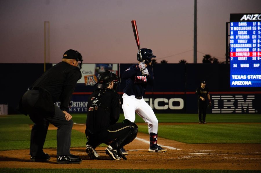 Arizonas freshman infielder Garen Caulfield up to bat during the game against Texas State University on Friday, March 4 at Hi Corbett Field. The final score was 7-2 for the Wildcats.