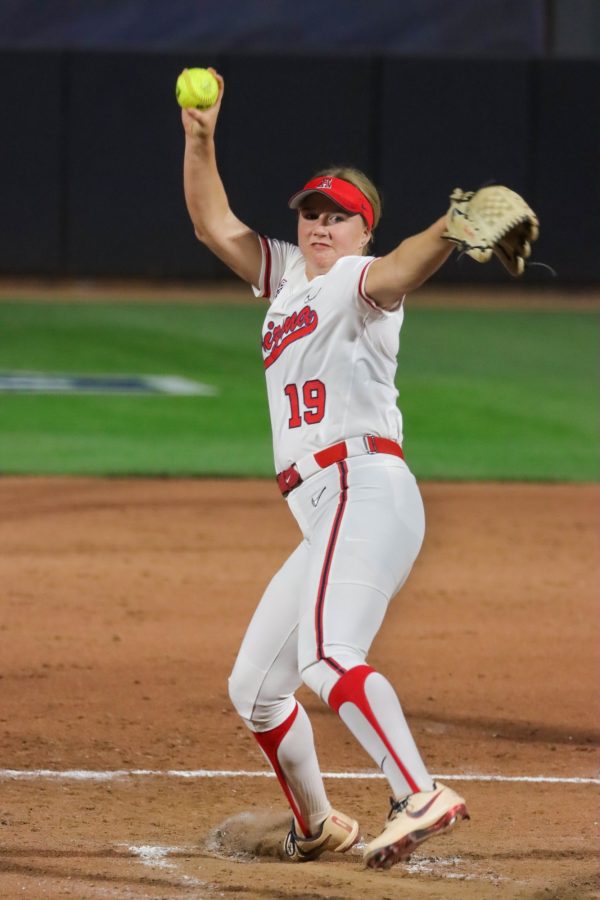 Madi Elish, a pitcher on the Arizona softball team fires a pitch to her catcher on Friday, March 25 at Rita Hillenbrand Memorial Stadium. The Wildcats would lose 9-2.