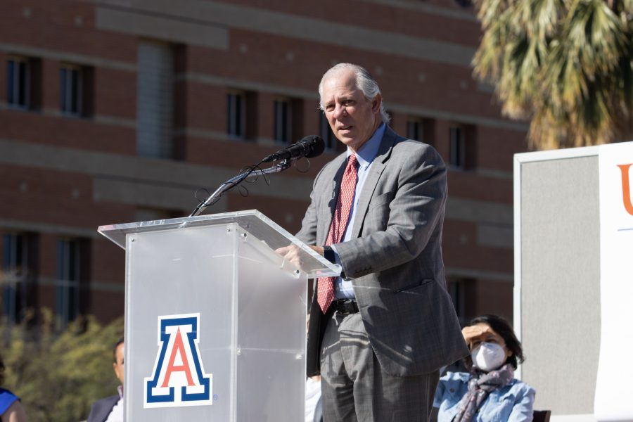 President Robbins looks to the attendees as he talks on the Mall at the University Religious Councils memorial on March 23. Robbins mentioned how the university will continue to honor the lives lost to COVID-19.