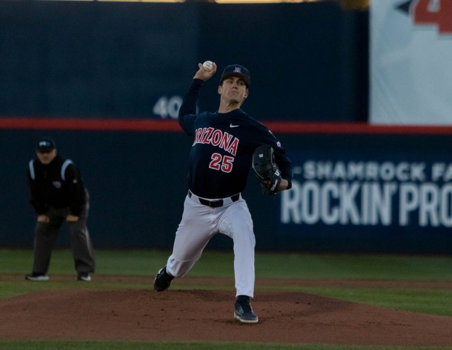 Arizona mens baseball player TJ Nichols pitches during the game against Texas State University on March 4 in Hi Corbett Field. The Wildcats would win the game 7-2.