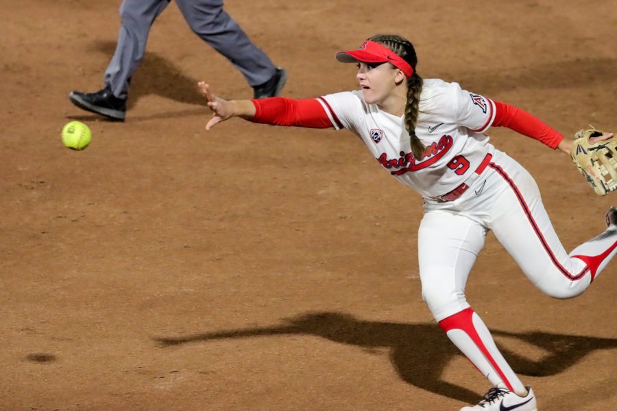 Allie+Skaggs%2C+one+of+the+infielders+on+the+Arizona+softball+team%2C+pitches+the+ball+to+the+first+baseman+as+she+tries+to+get+an+out+on+Friday%2C+March+4%2C+2022%2C+at+Hillenbrand+Stadium.+After+a+slow+start%2C+the+Wildcats+would+win+11-3.