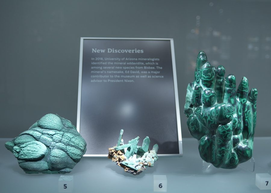 A display in the Alfie Norville Gem & Mineral Museum’s mining exhibit showcases the mineral eddavidite. These specimens were discovered by University of Arizona mineralogists. 