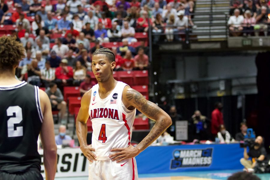 (#4) Arizona guard Dalen Terry looks on in their first round matchup against Wright State on March 18 in San Diego. 