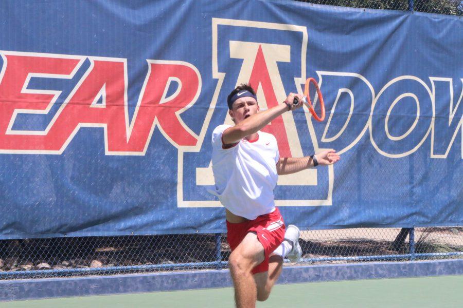 Arizonas+Colton+Smith+prepares+to+hit+the+ball+during+one+of+his+singles+matches+on+April+3+at+Robson+Tennis+Center.+The+competition+ended+in+Arizonas+first+victory+over+the+University+of+California+Berkley+since+2004.