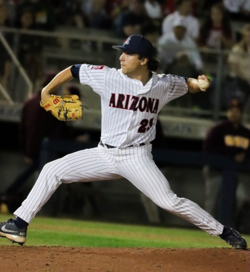 Holden+Christian+a+pitcher+on+the+Arizona+baseball+team+comes+in+in+the+top+of+the+fifth+inning+to+relief+pitch+on+April+22+at+Hi+Corbett+field.+The+Wildcats+would+win+in+extra+innings+7-6.
