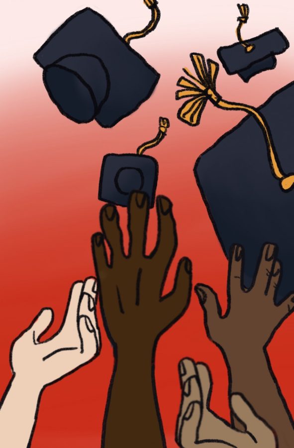 Digital illustration of graduates throwing their caps into the air.