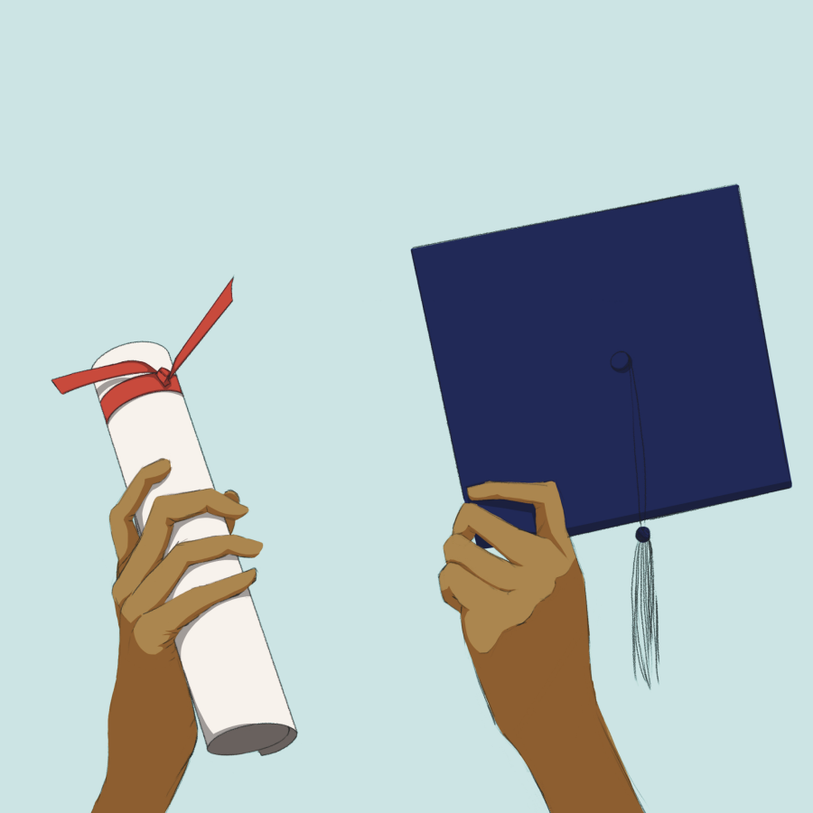 A digital drawing of a graduate holding their cap and diploma. 
