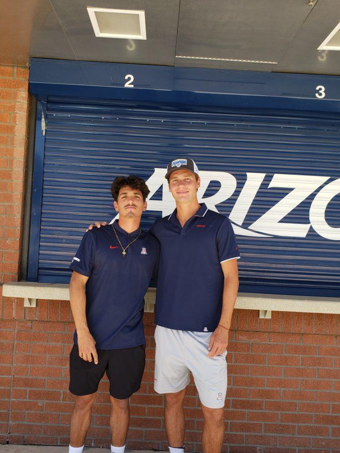 Carlos Hassey (left) and Filip Malbasic (right) stand together as they celebrate Arizonas first ever mens tennis Pac-12 championship. 